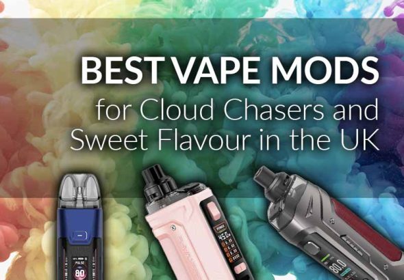 Colourful thumbnail showing Vaporesso Luxe XR Max 2, GeekVape H45 Classic, and Innokin PZPulse – some of the 2025 best vape mods in the UK for sweet flavours and big vapour clouds.