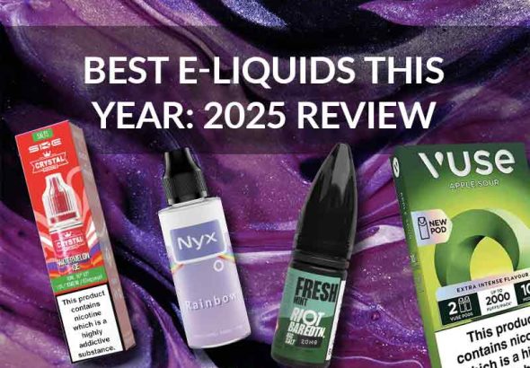 Four e-liquids on a purple background