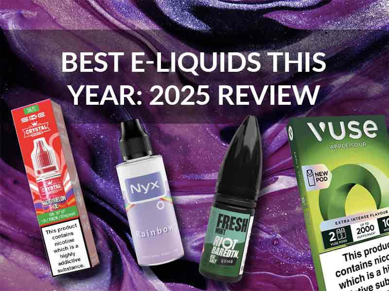 Four e-liquids on a purple background